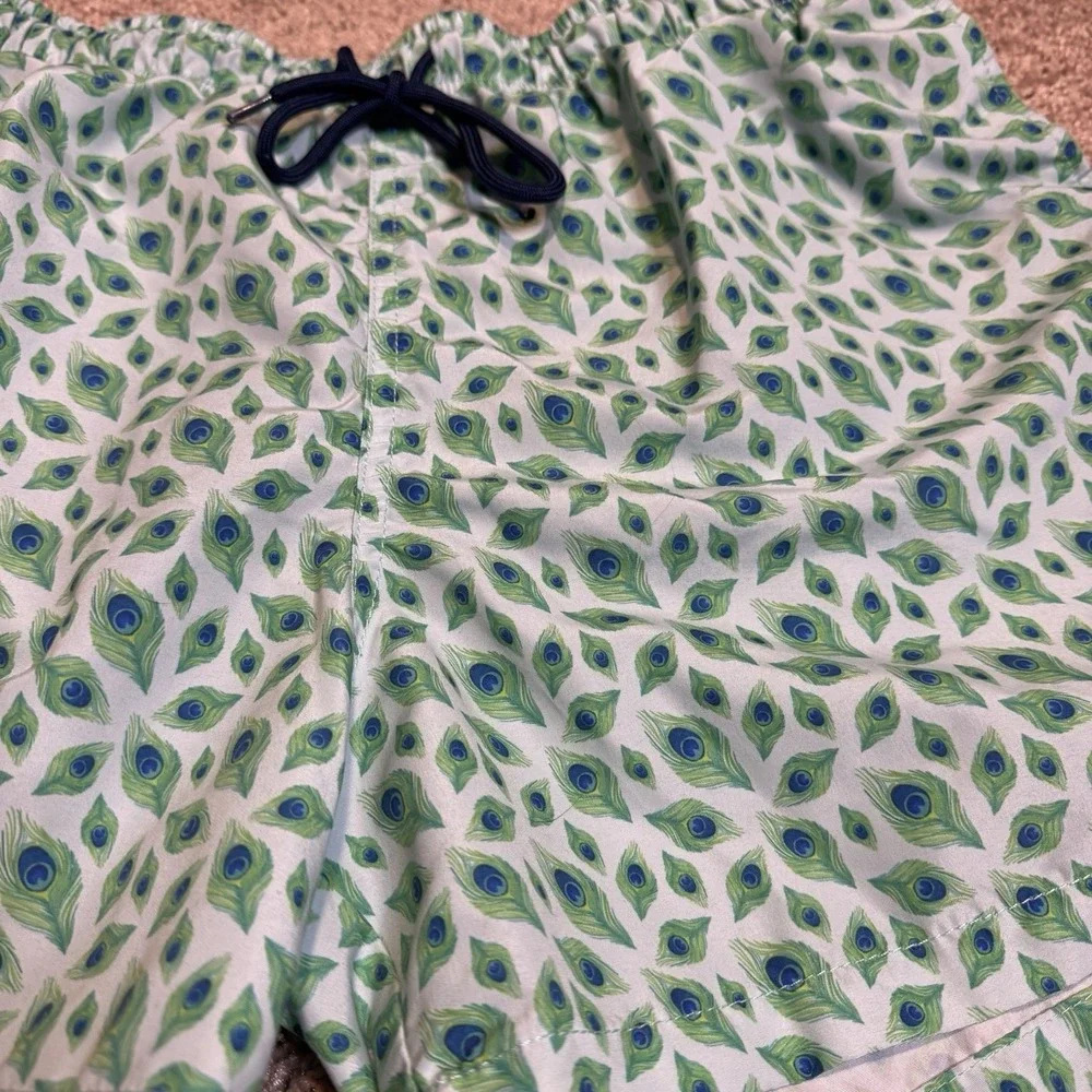 Happy Hour Bold Preppy Swim Trunks Mens Large Green Peacock Print Shorts‎